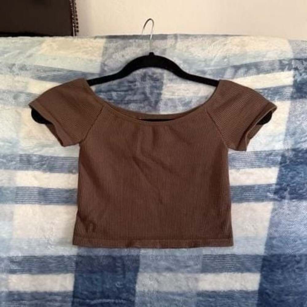 By Together Brown Ribbed Off-Shoulder Crop Top